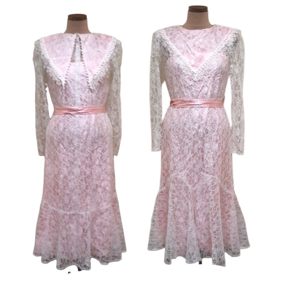 Vintage Midi Dress Size Small White Pink Floral Lace